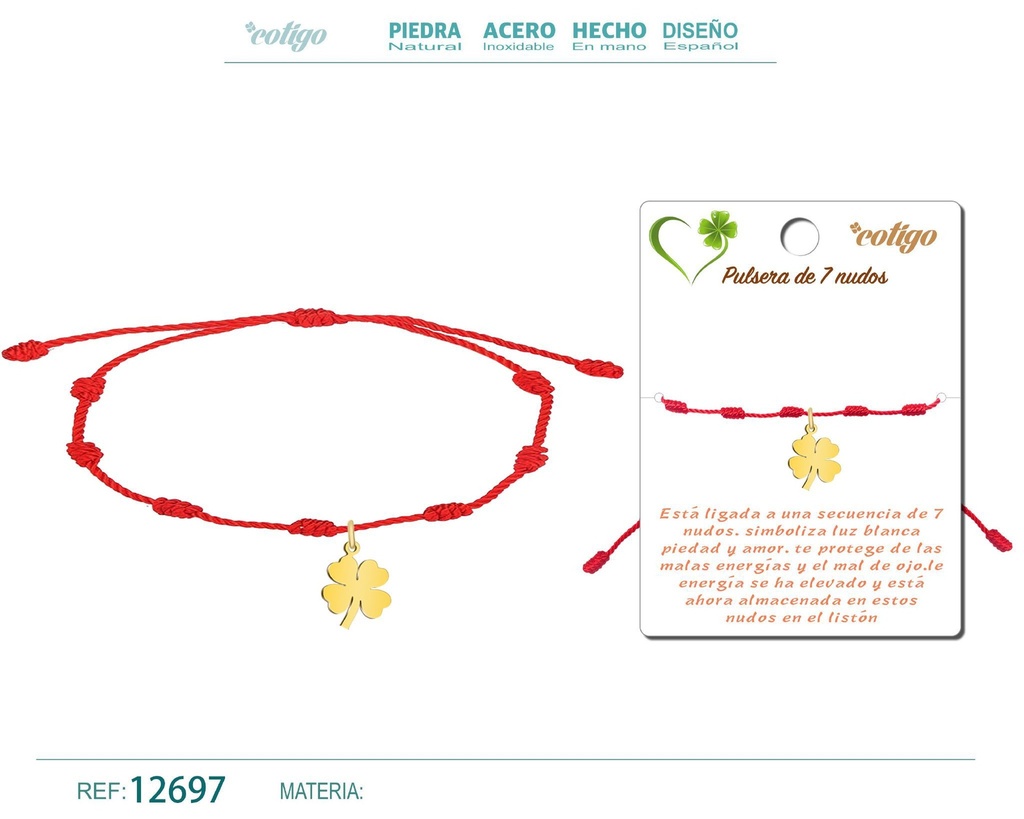 Pulsera de 7 nudos con trébol de la suerte en acero dorado - Joyería y accesorios