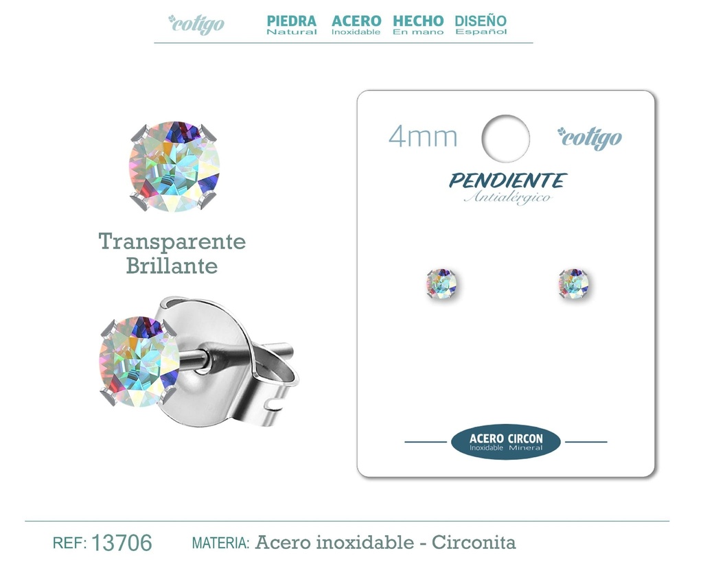 Pendiente redondo de circonita multicolor 4mm con base de acero plateado - Joyería de circonita
