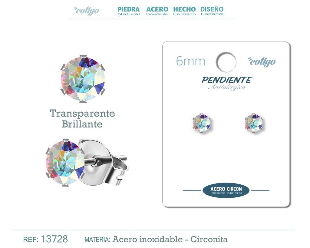 Pendiente redondo de circonita multicolor 6mm con base de acero plateado - Joyería de circonita