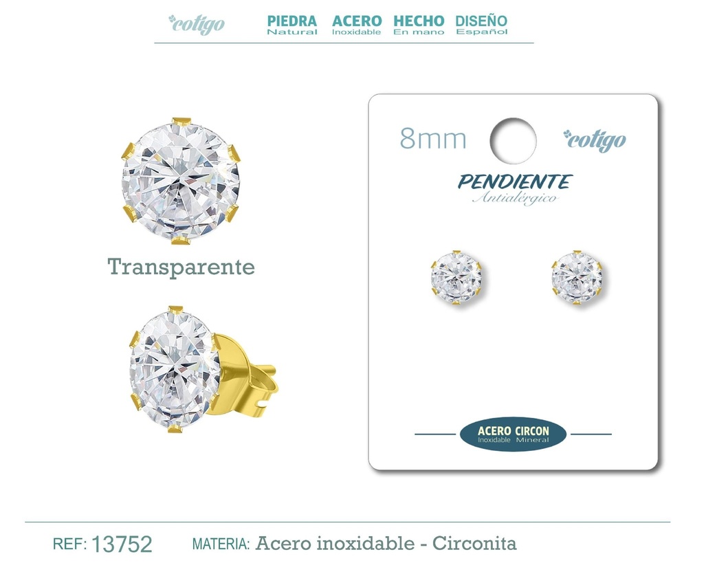 Pendiente redondo de circonita multicolor 8mm con base de acero dorado - Joyería de circonita