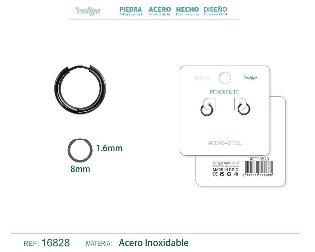 Pendiente aro de acero 1.6x8 mm negro - Joyería de acero