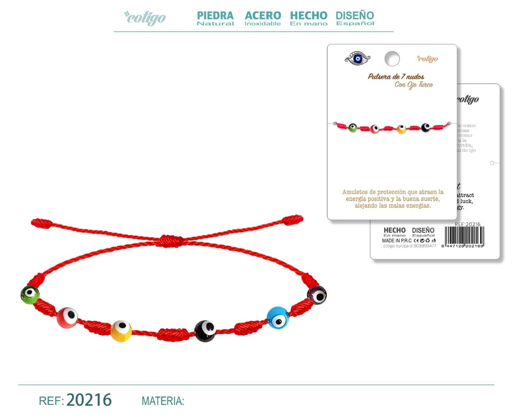 Pulsera de 7 nudos con 6 ojos turcos multicolores - Joyería colorida y simbólica