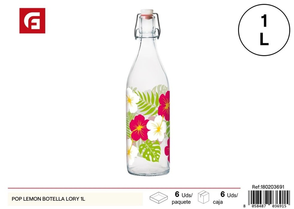 Botella Lory de vidrio con decoración de limón 1L - Envases