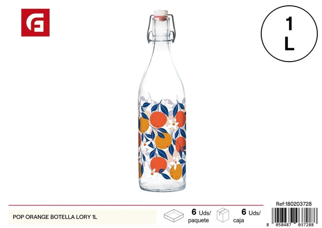 Botella Lory de vidrio con decoración de naranja 1L - Envases