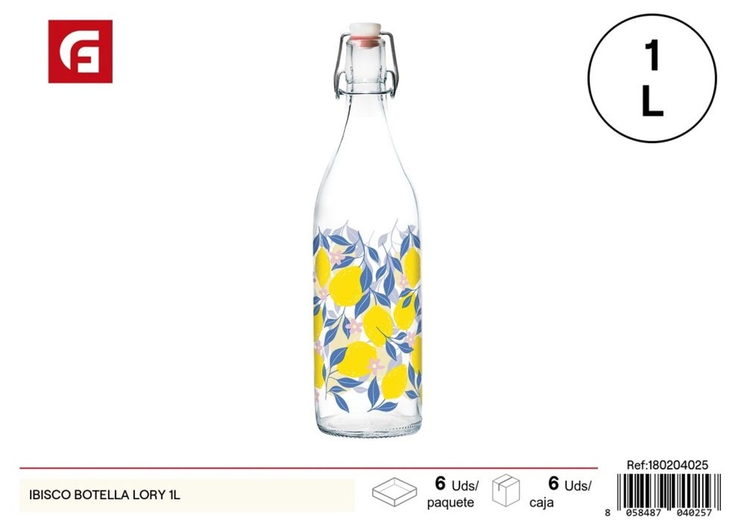 Botella Lory de vidrio con decoración de hibisco 1L - Envases