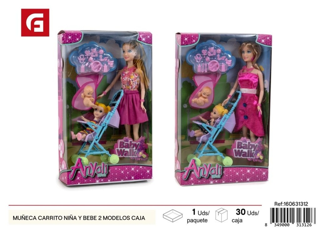 Muñeca con carrito para niña y bebé 2 modelos en caja - Juguetes y juegos infantiles