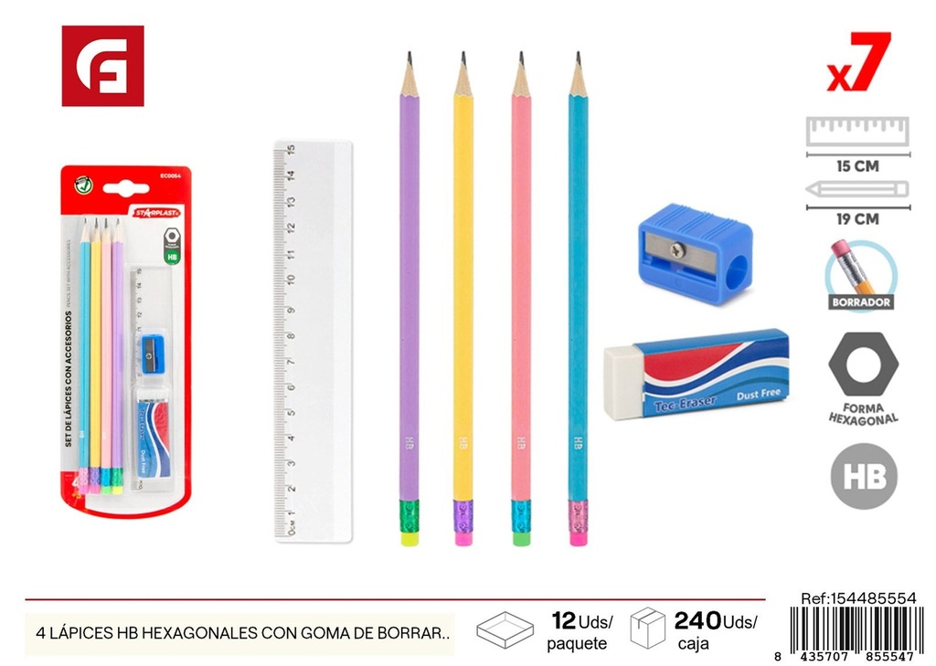 Set de 4 lápices HB hexagonales con goma de borrar y 3 accesorios - Material escolar