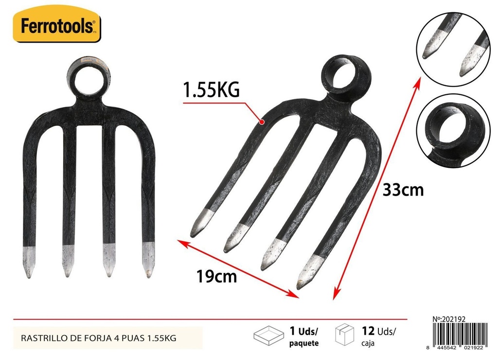 Rastrillo de forja de 4 púas 1.55 kg 19x33 cm - Herramientas de jardinería