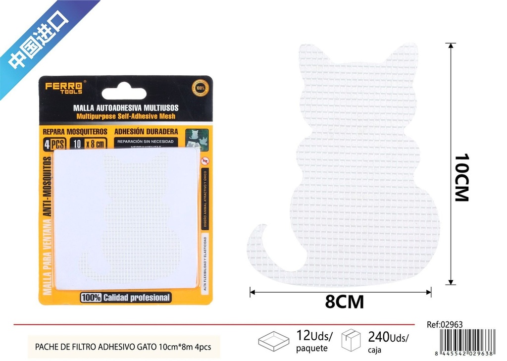 Pache de filtro adhesivo gato blanco 10x8 m 4 piezas - Suministros para mosquiteras