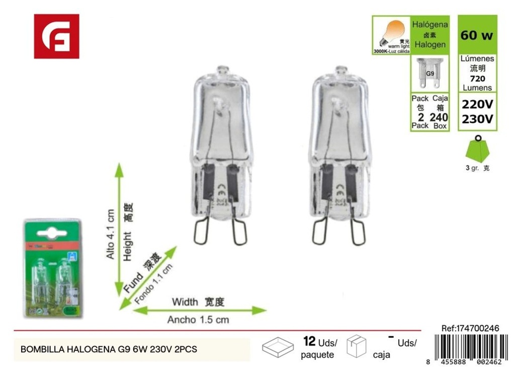 Bombilla halógena G9 6W 230V 2 pcs - Iluminación y bombillas