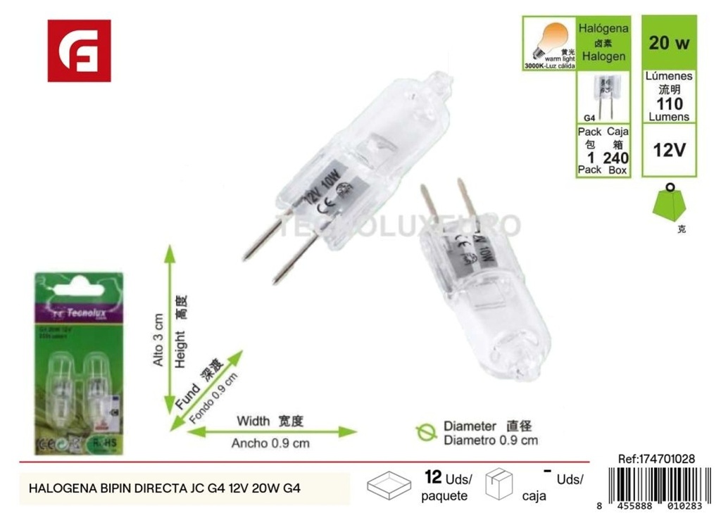 Bombilla halógena bipin directa JC G4 12V 20W - Iluminación y bombillas
