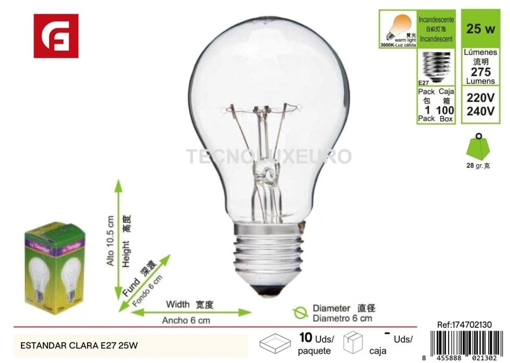 Bombilla estándar clara E27 25W - Iluminación y bombillas