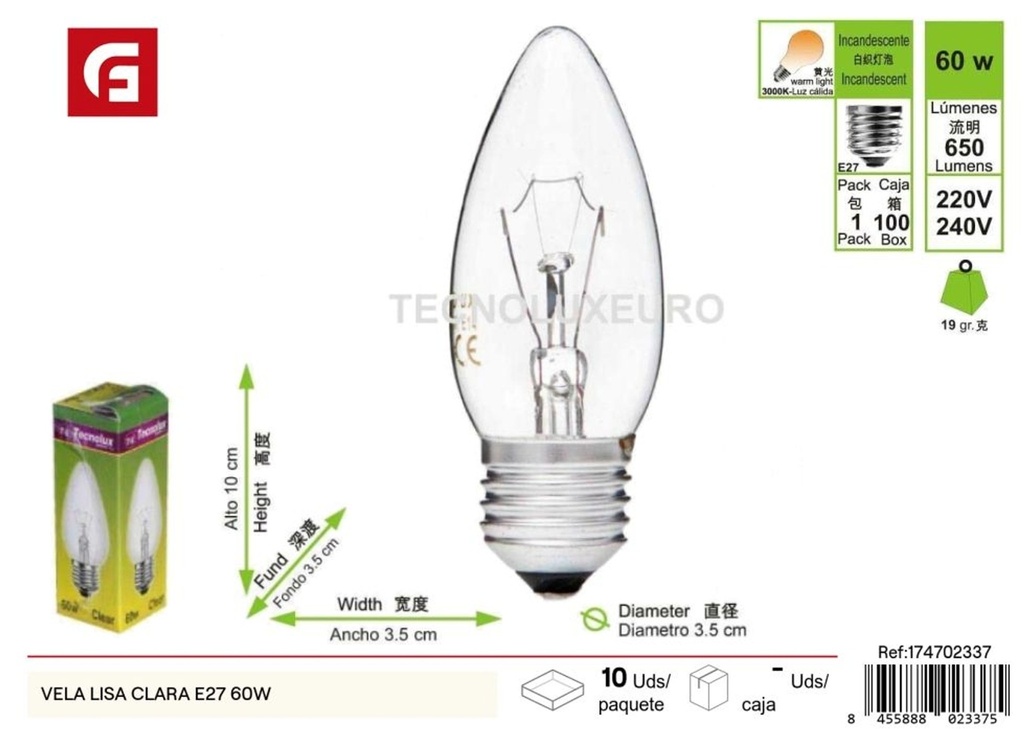 Bombilla vela lisa clara E27 60W - Iluminación y bombillas