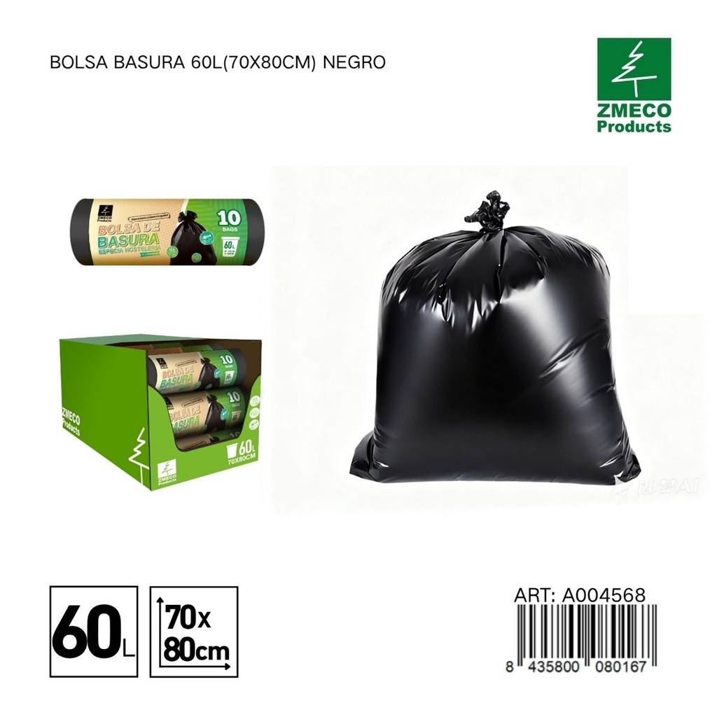 Bolsa de basura 60L (70x80cm) negro - Productos desechables para el hogar