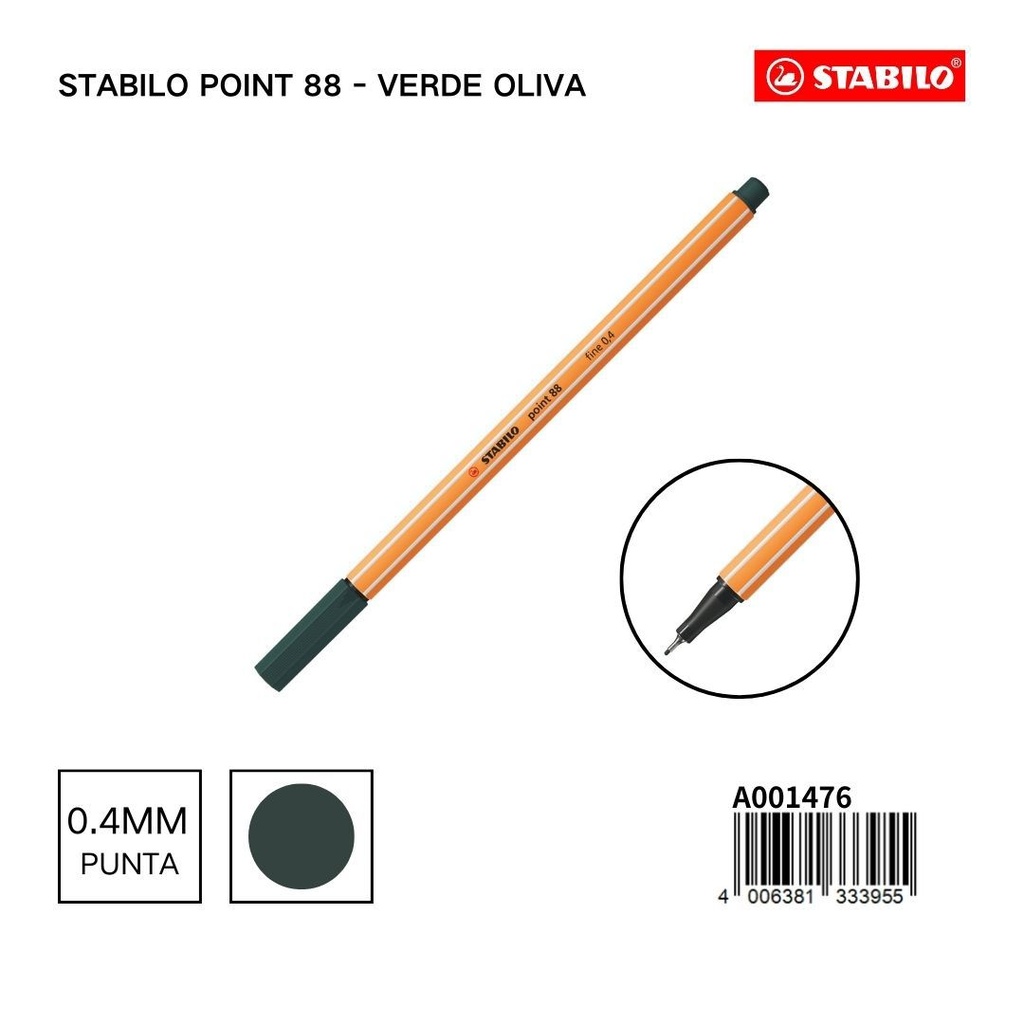 Bolígrafo delgado STABILO point 88 verde oliva - Utensilios de escritura