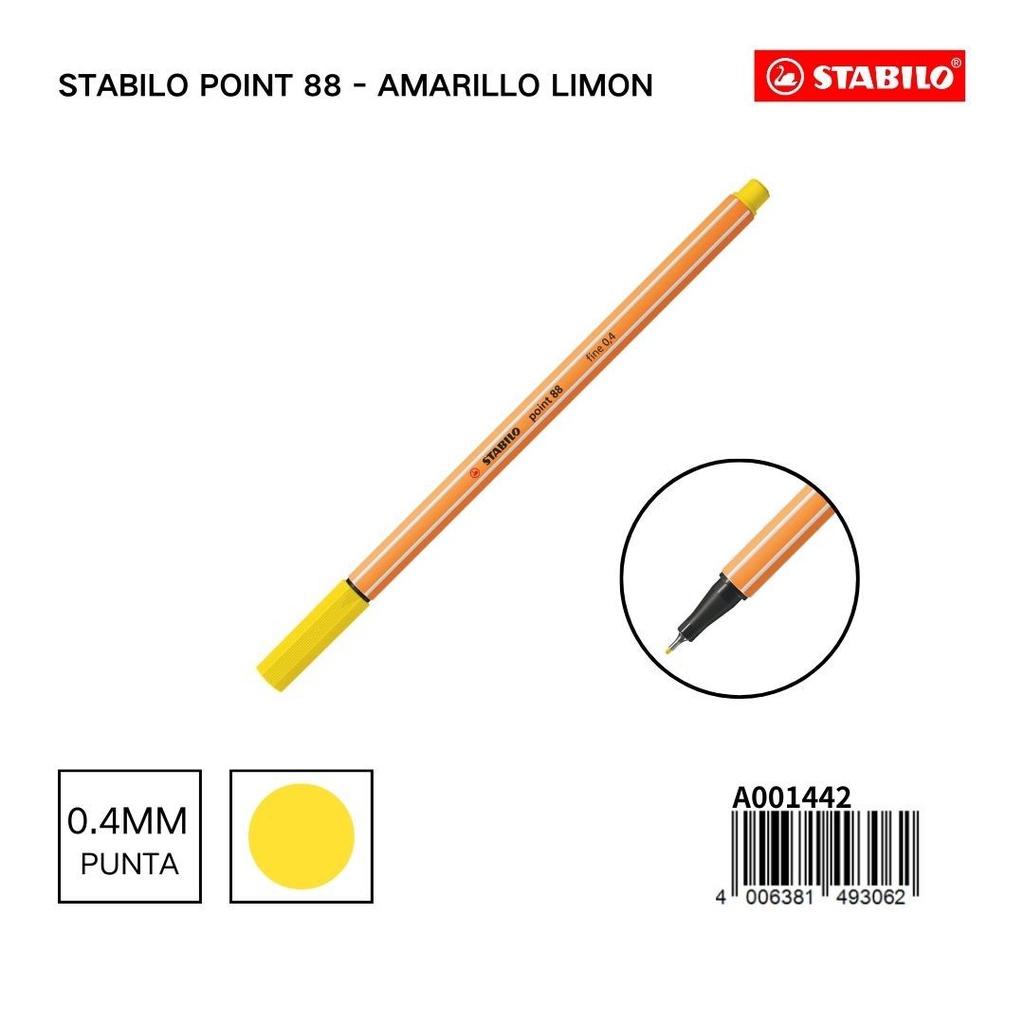 Bolígrafo delgado STABILO point 88 amarillo limón - Papelería refrescante