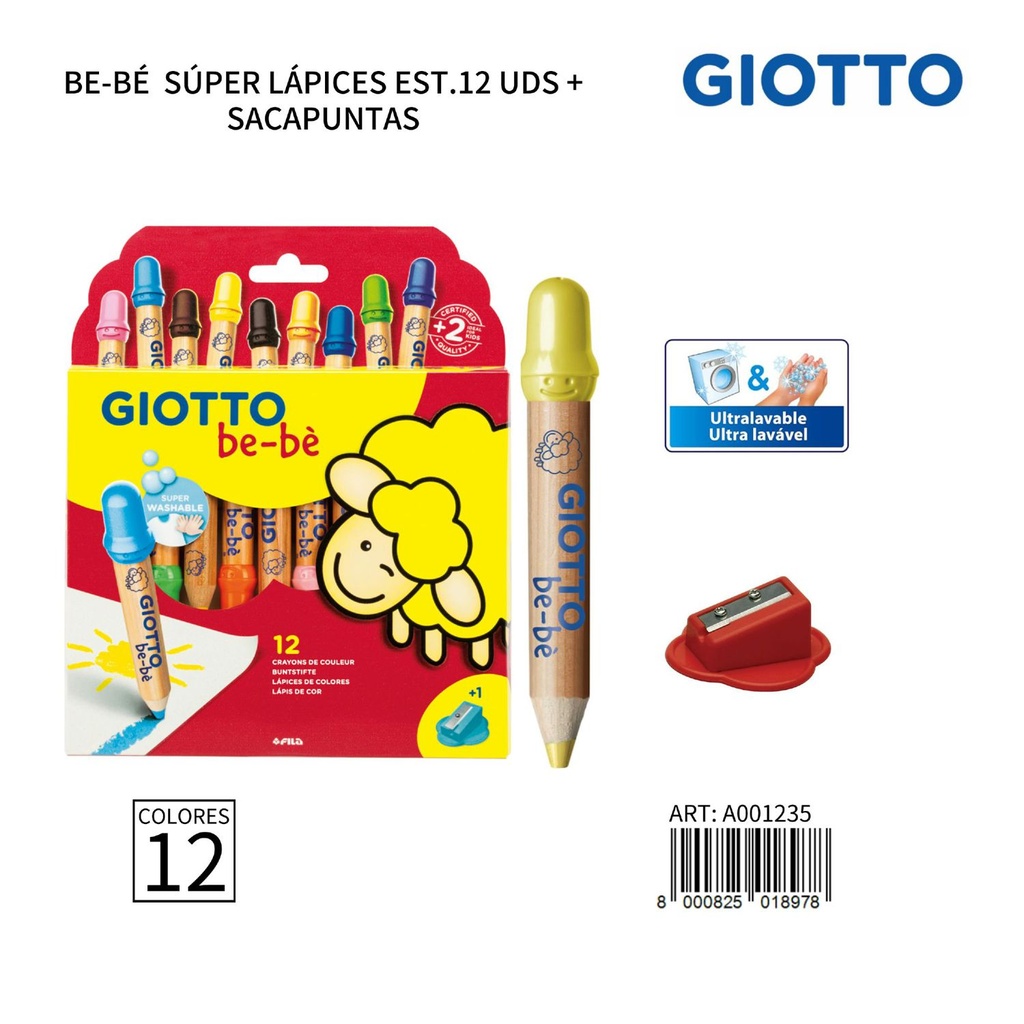 Giotto Be-Bè Súper Lápices Est.12 uds + sacapuntas para dibujo infantil