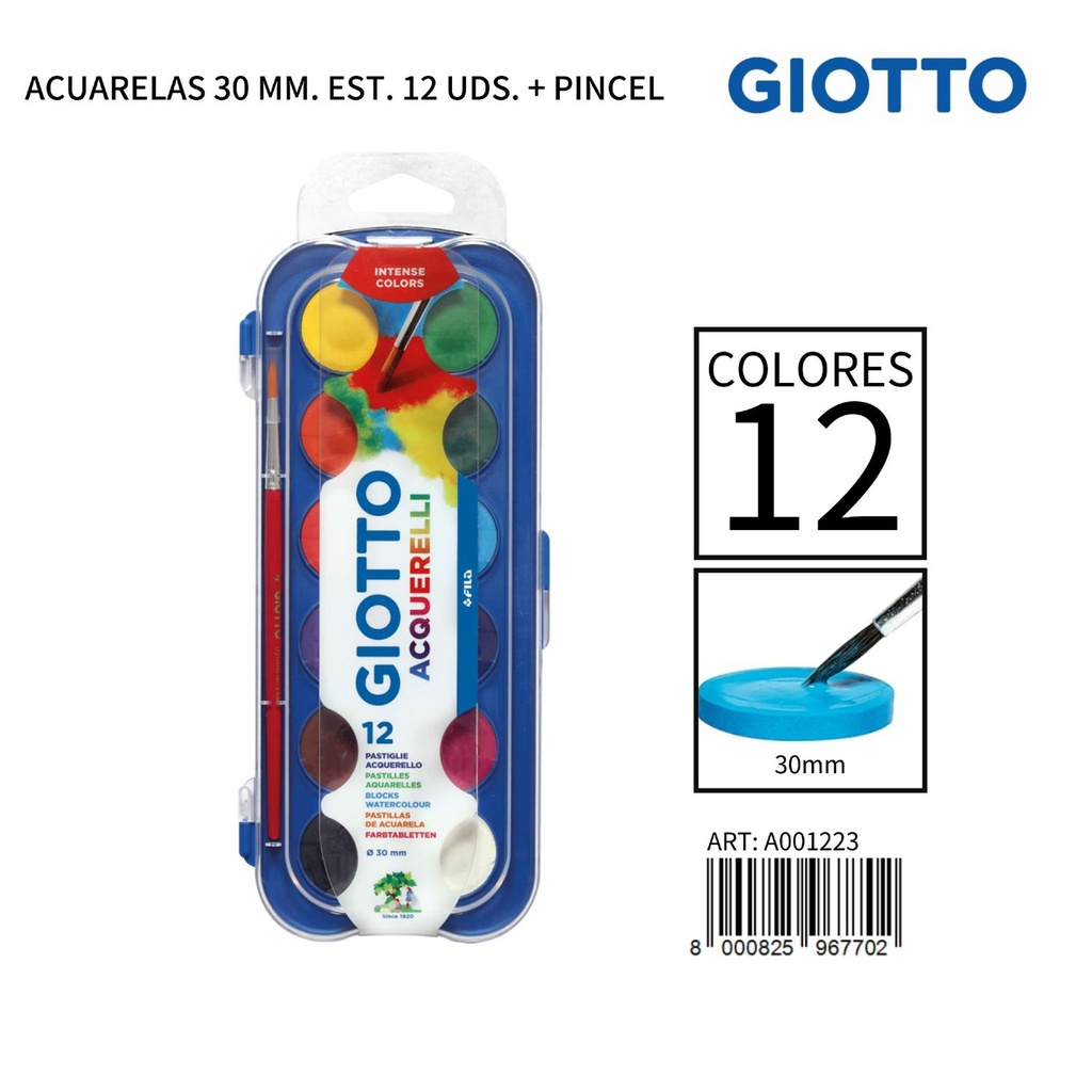 Acuarelas Giotto de 30 mm en 12 colores + pincel - Material de papelería