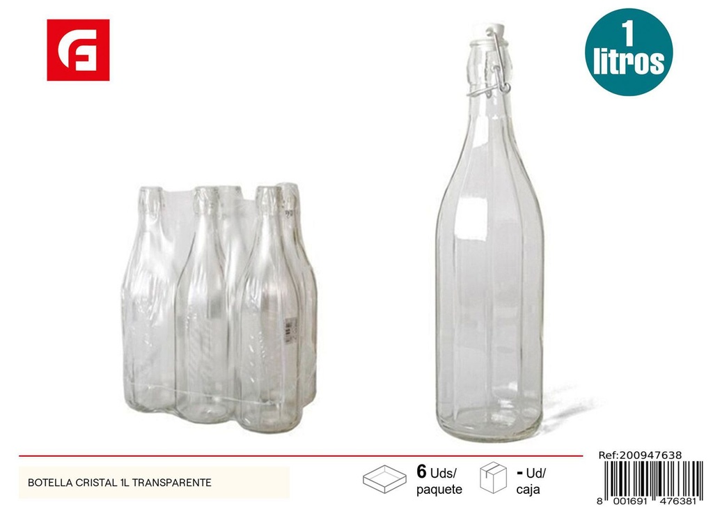Botella de cristal transparente 1L para bebidas y almacenamiento