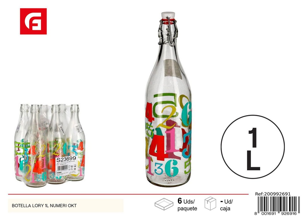 Botella de vidrio Lory 1L - Artículos de cocina