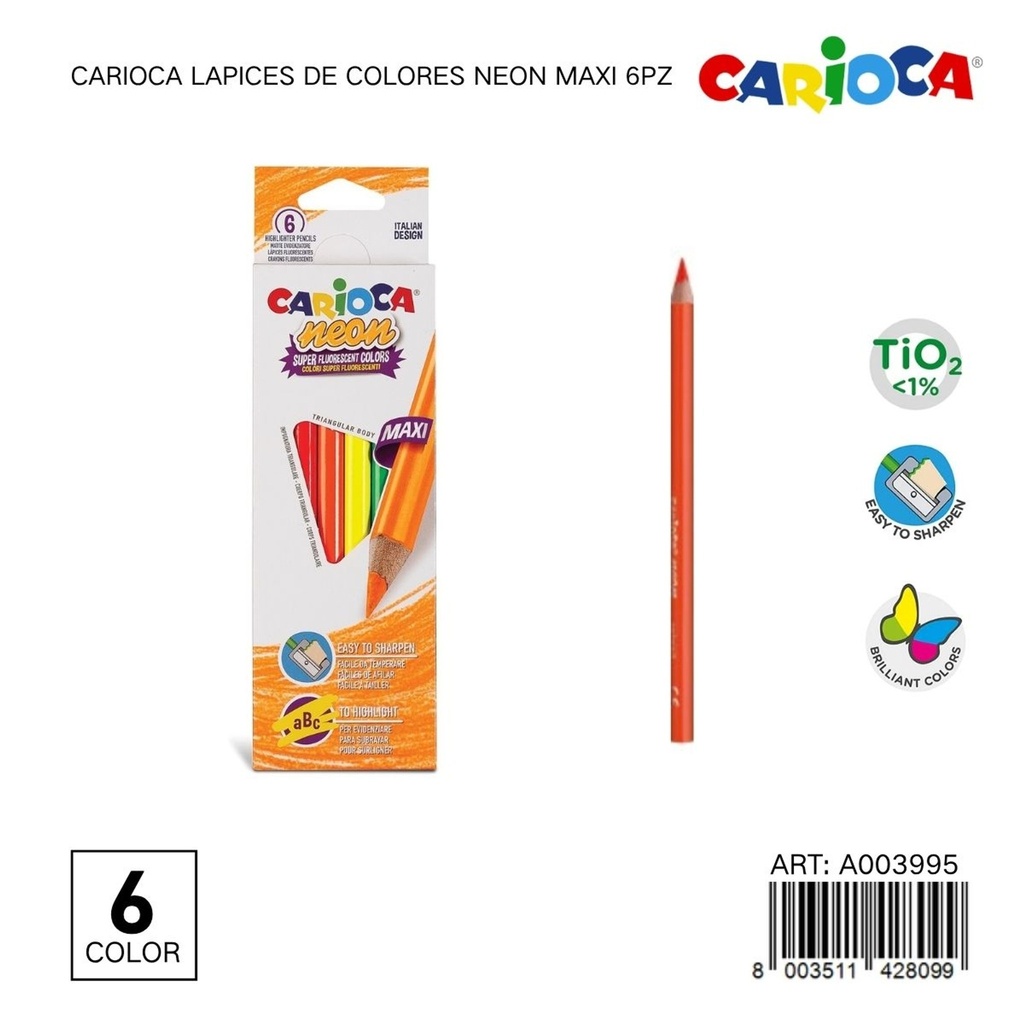 Lápices neón Carioca 6 colores para dibujo