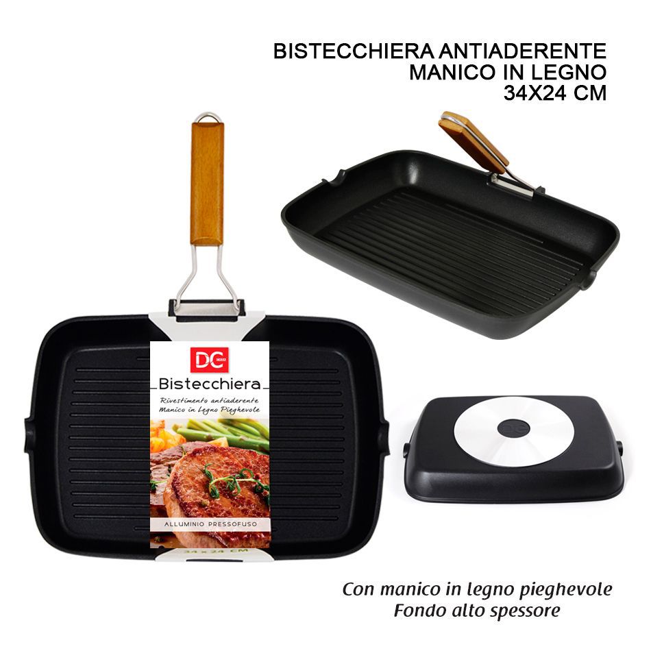 Sartén parrilla antiadherente con mango de madera 34x24 cm - Utensilios de cocina