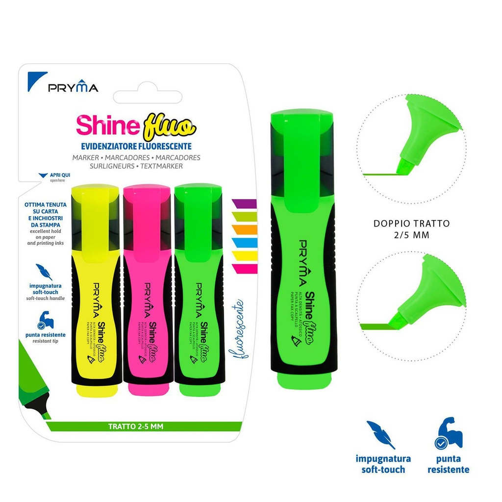 Subrayador Shine cabezal plano 2/5mm 3pz - Marcadores y escritura