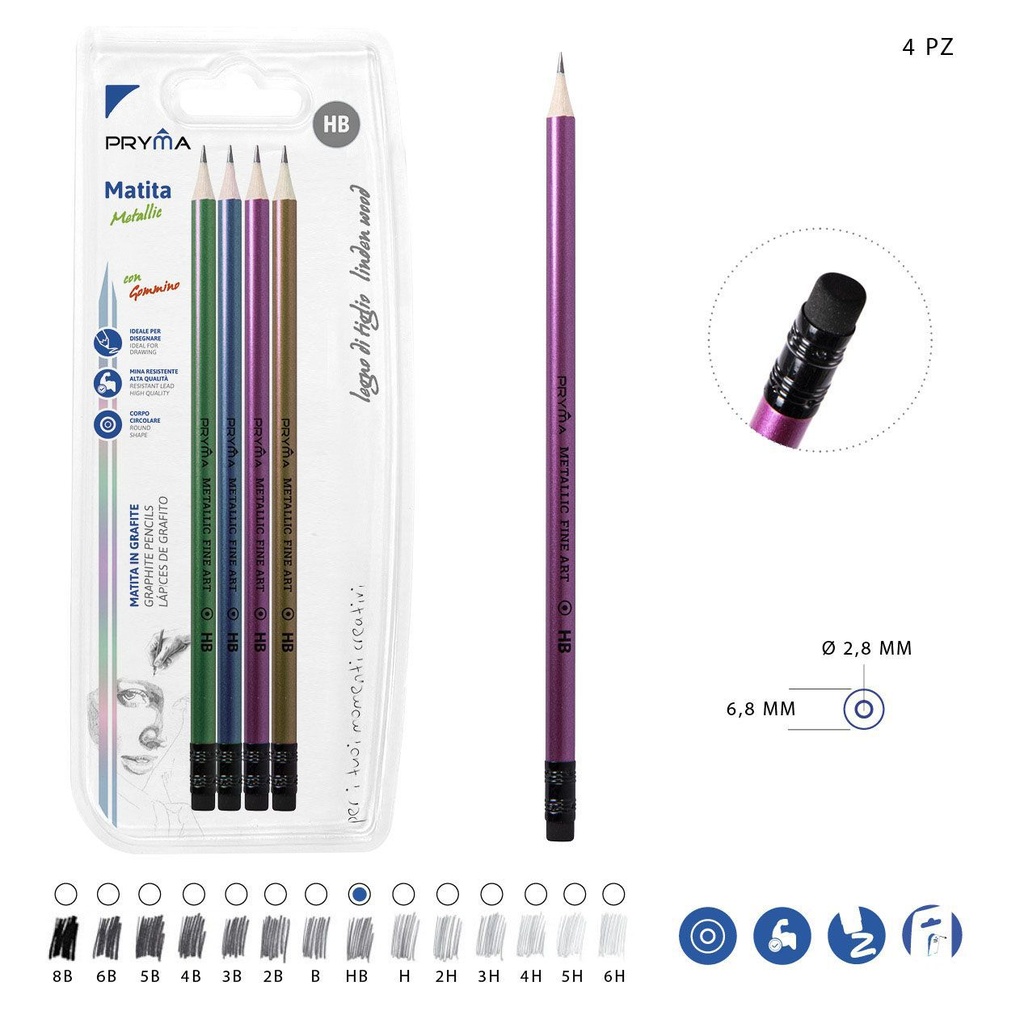 Lápiz grafito HB con goma de borrar 4PZ metálico - Utensilios de escritura