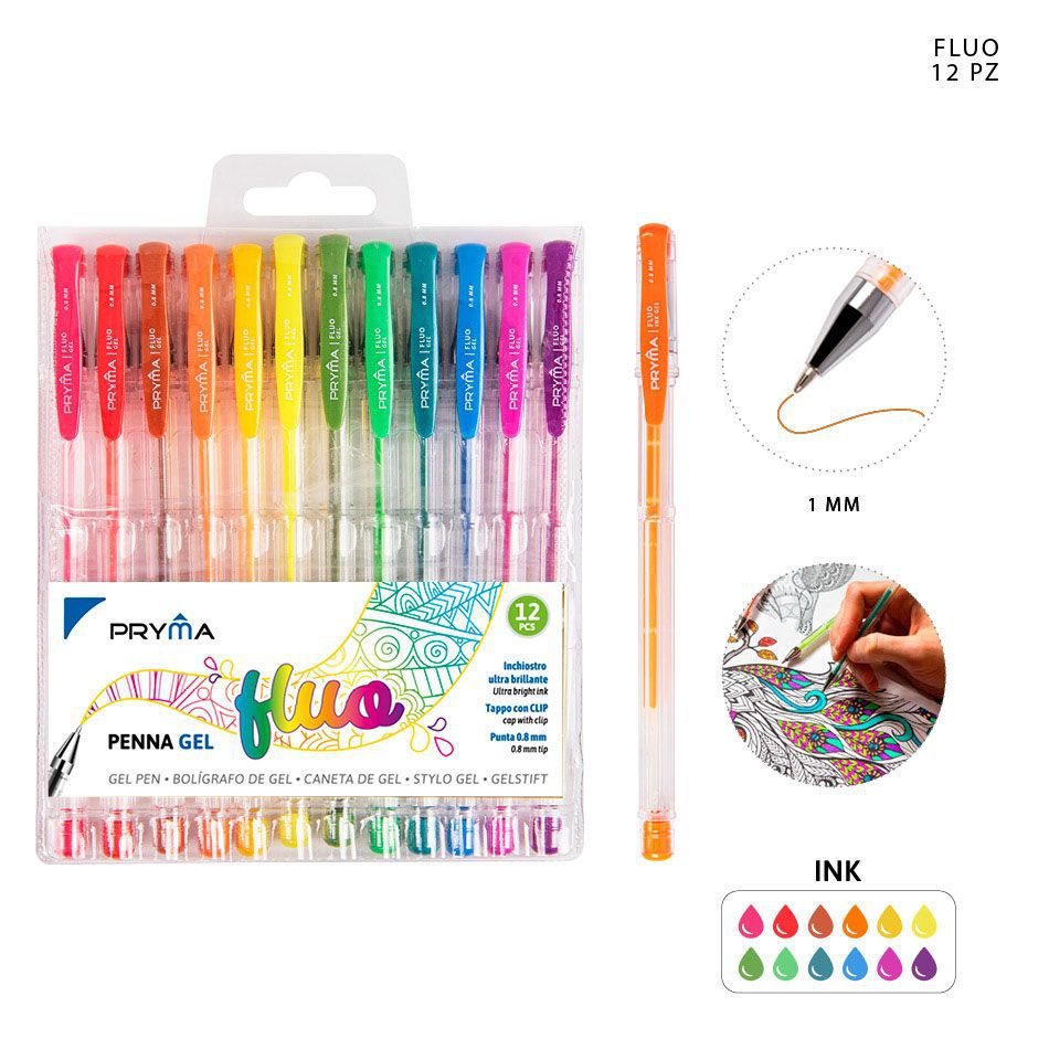 Bolígrafo de gel de color fluorescente 0.8 mm 12 piezas - Útiles de escritura