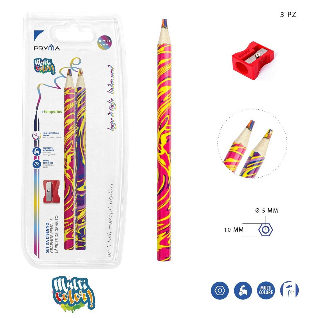 Lápiz jumbo con punta multicolor 2pz + sacapuntas para dibujo y escritura