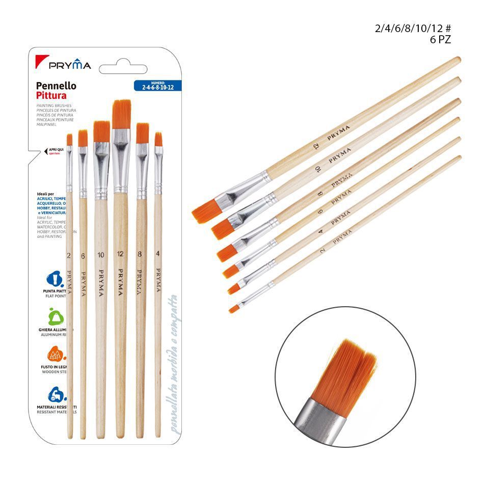 Pincel plano N.2-4-6-8-10-12 6 piezas - Pinceles artísticos