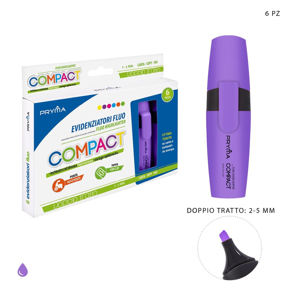 Subrayador compacto morado fluorescente punta plana 2/5mm para marcar y resaltar