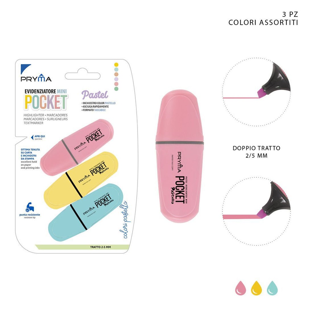 Set de mini subrayadores Pocket 2/5mm 3pcs colores pastel para oficina