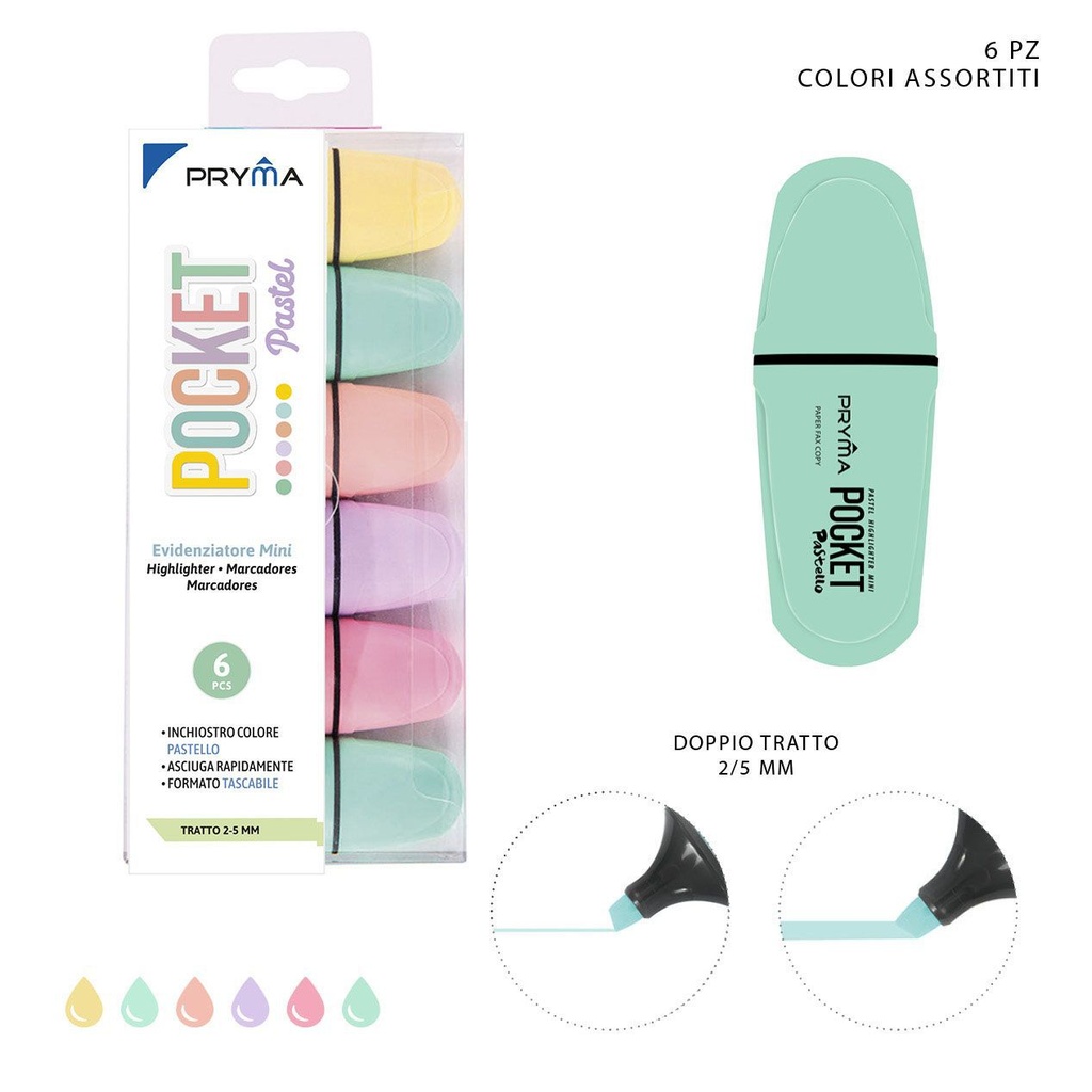 Mini subrayador pocket cabeza plana 2/5mm 6pz colores pastel