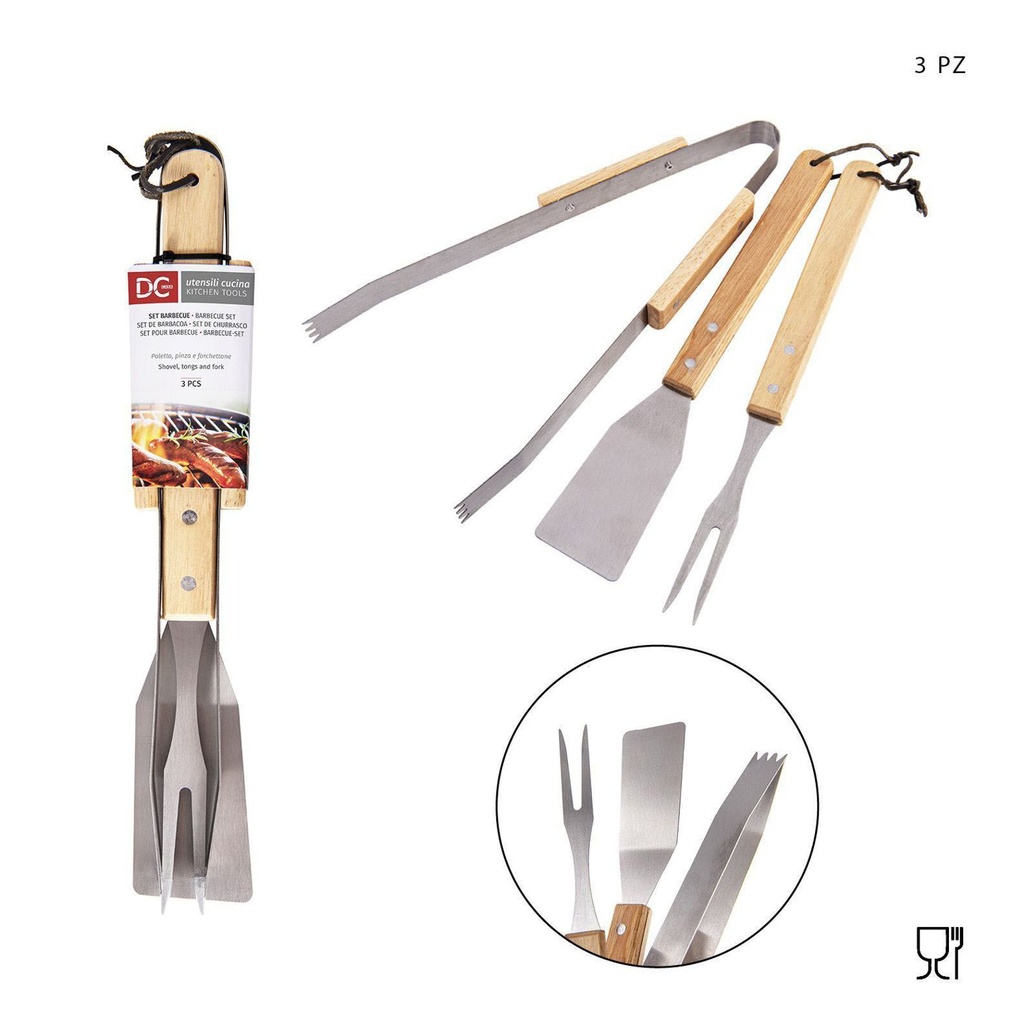 Set de utensilios de barbacoa de madera 3 piezas (33/34/34 cm) - Herramientas para asar