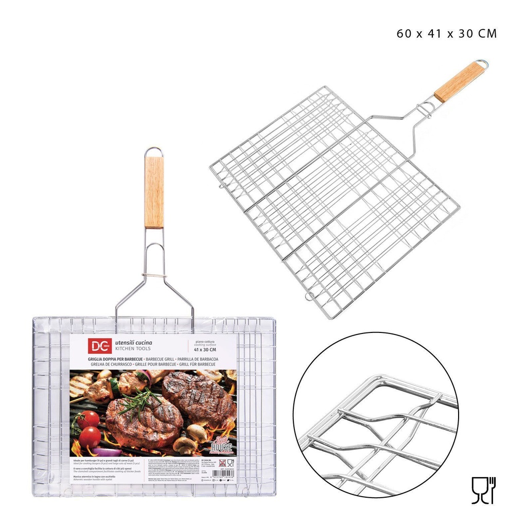 Parrilla doble barbacoa con mango de madera 60x41x30 cm - Accesorios para asar