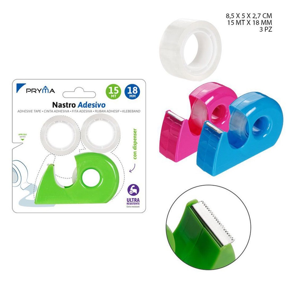 Cinta adhesiva + dispensador 18 mm x 15 m 3 piezas - Accesorios de oficina