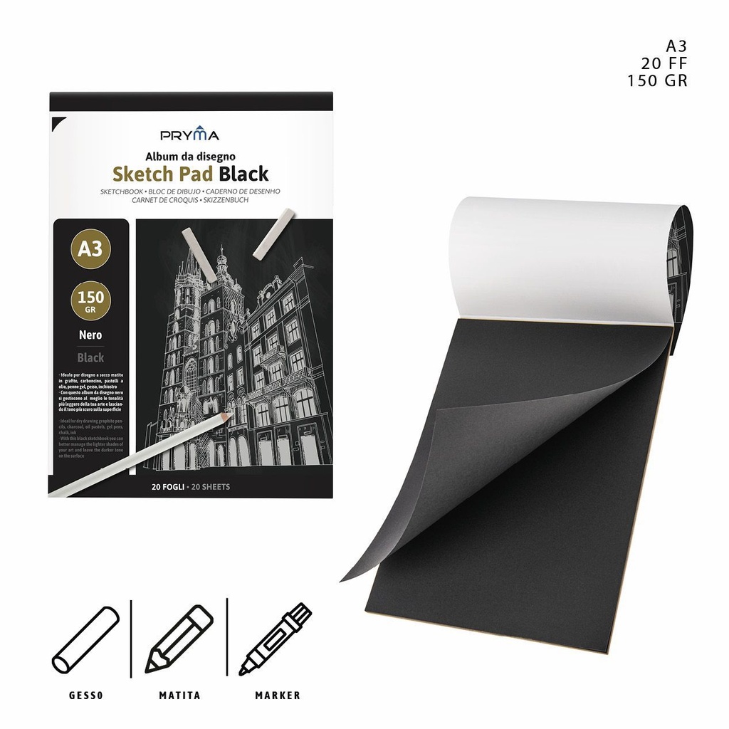 Caderno de bocetos negro A3 20 páginas 150 g - Útiles de arte
