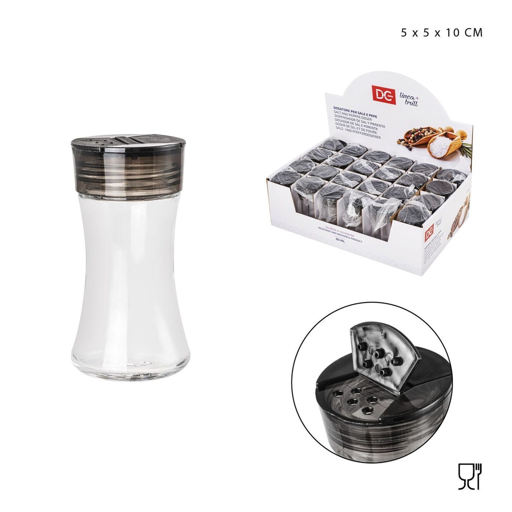 Salero de vidrio con tapa de plástico 80 ml 5x5x10 cm - Utensilios de cocina de vidrio