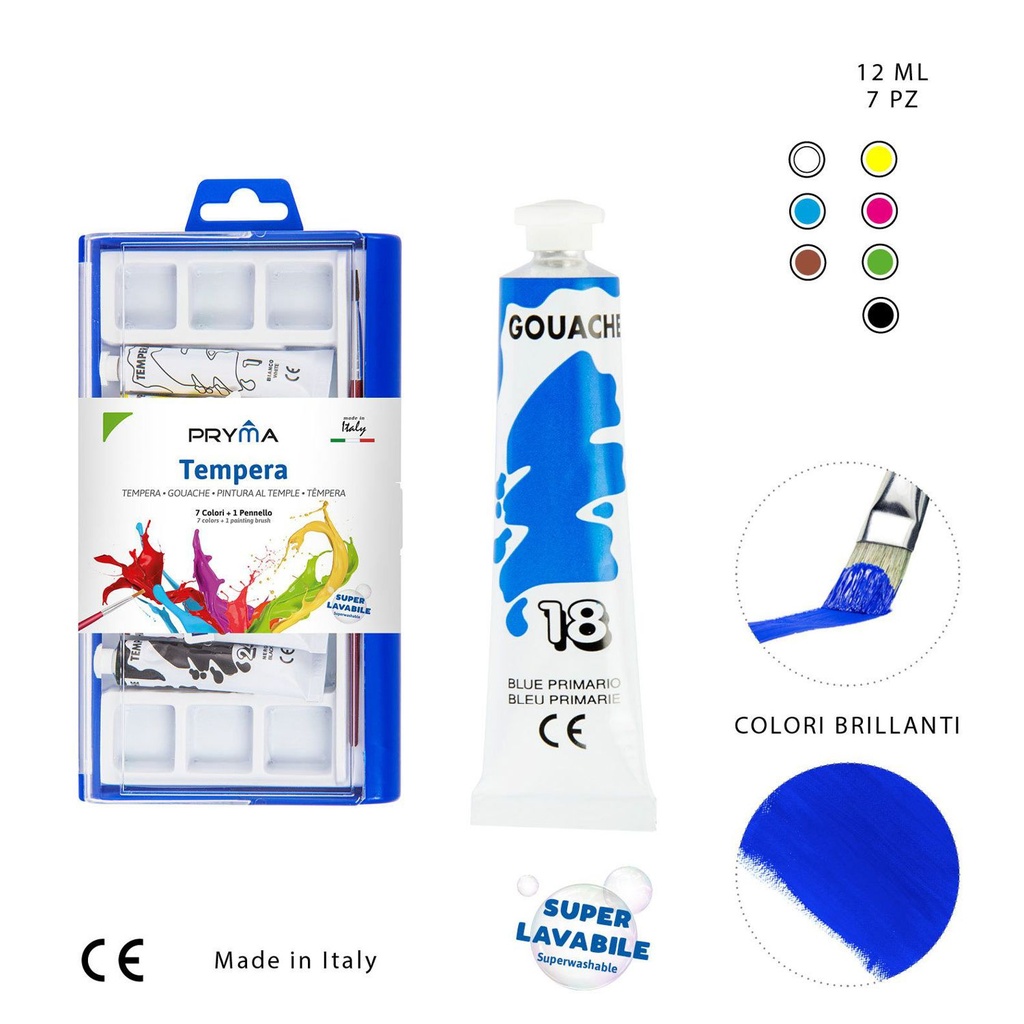 Pack de temperas lavables 12ml 7 piezas + pincel - Pinturas para niños