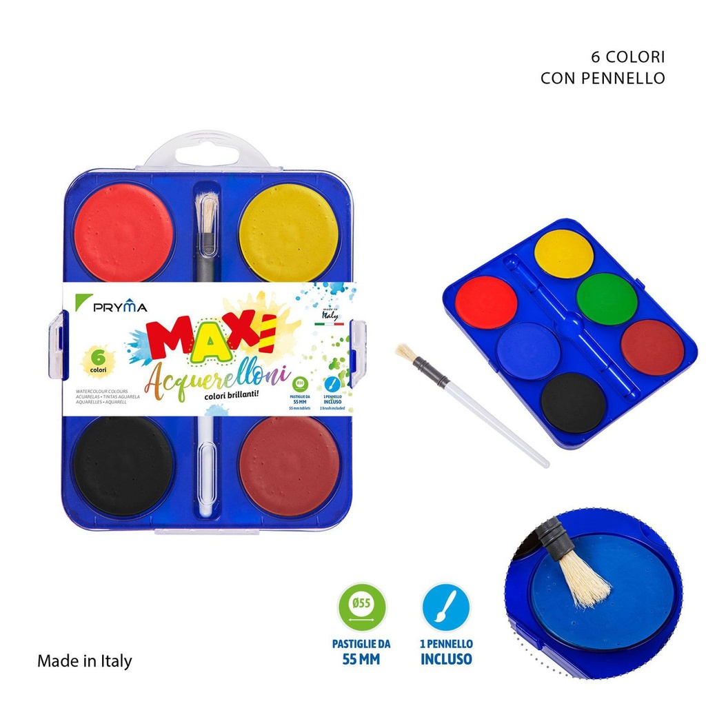 Set de acuarelas maxi D55mm 6 colores primarios + pincel para pintura y dibujo