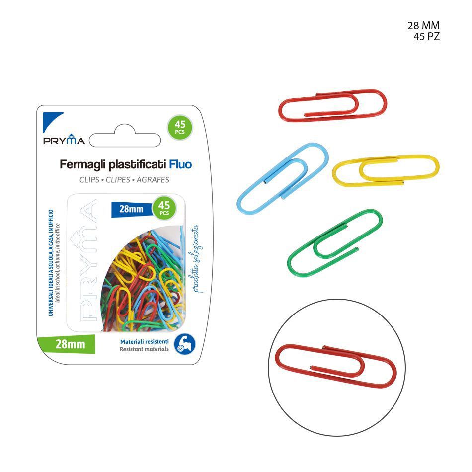 Clips de color fluorescente 28mm 45pz para oficina y papelería