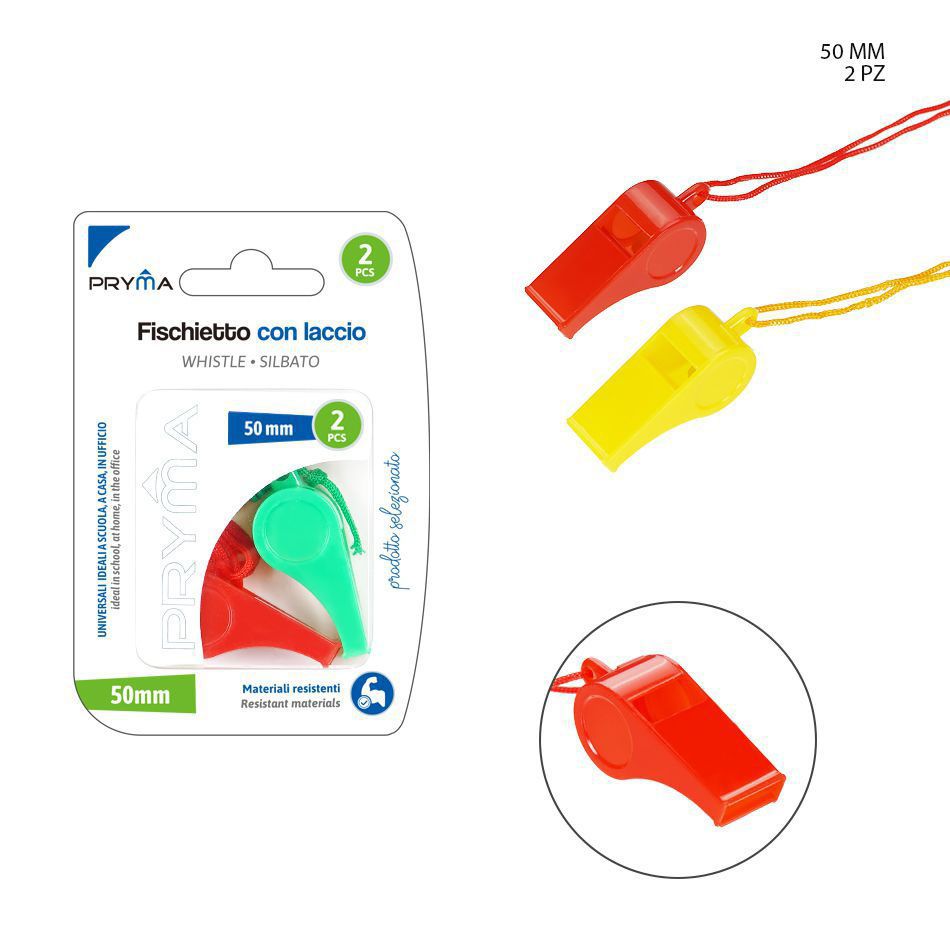 Silbato de plástico con cuerda 50 mm 2 pz - Juguetes y accesorios