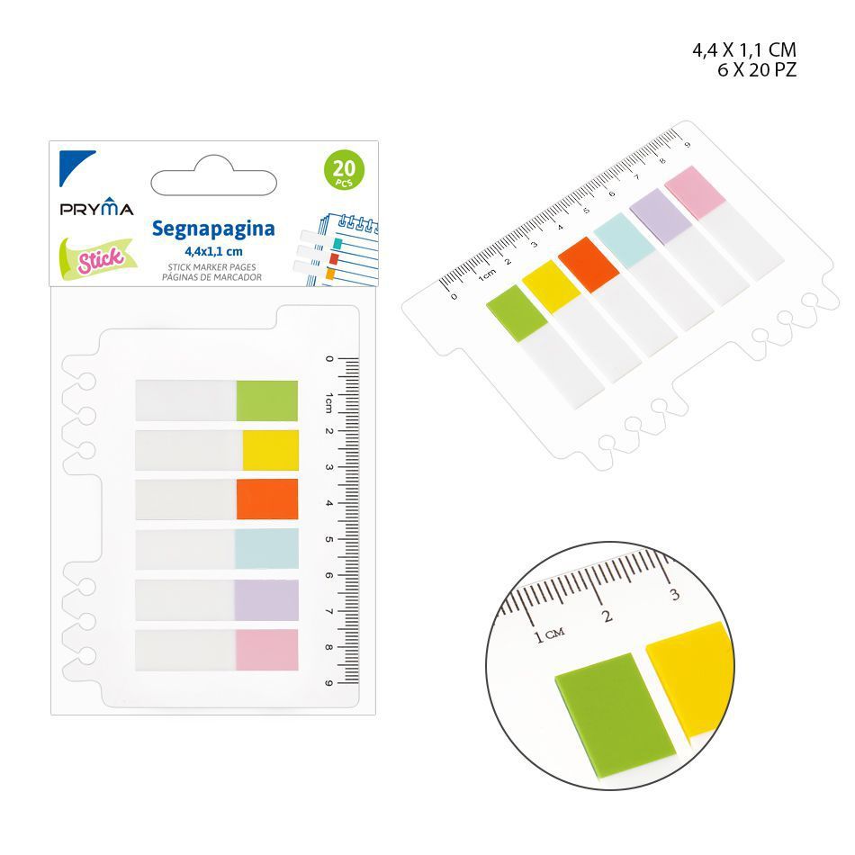 Marcador de página adhesivo 4.4x1.1cm 6x20pz para organización y notas