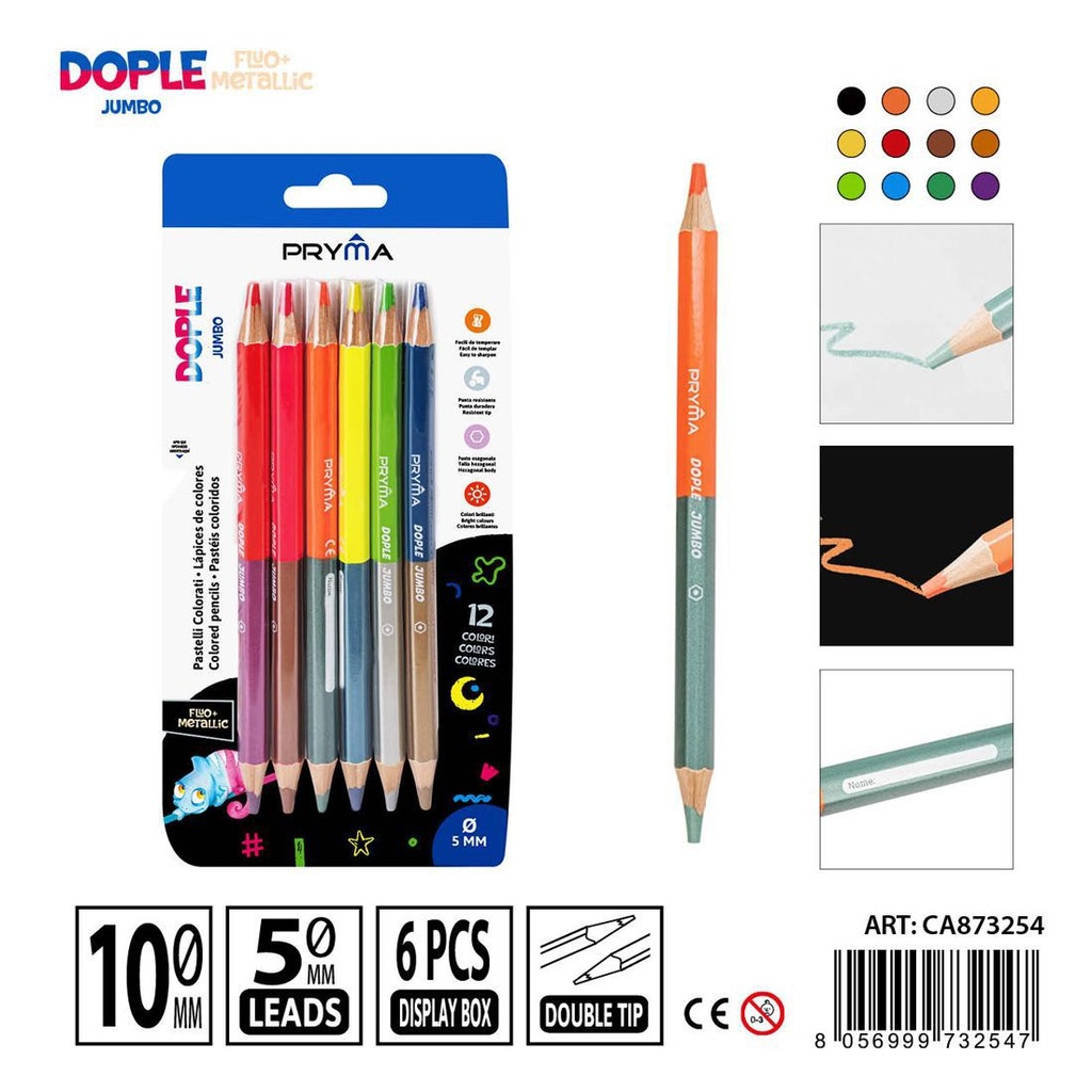 Lápices bicolor jumbo metálico y fluorescente 6pz para dibujo y escritura