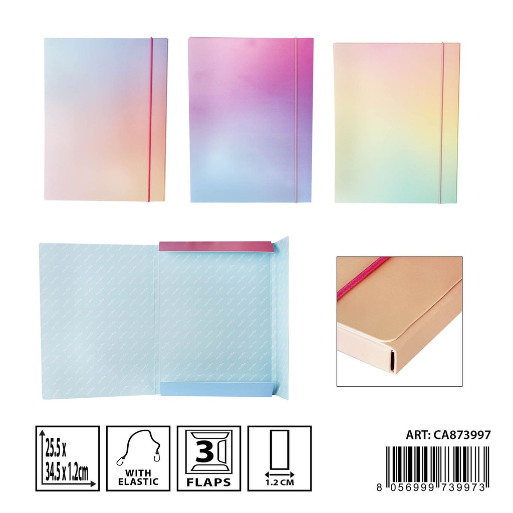 Carpeta con 3 solapas elásticas redondas 25.5x34.5cm para organización escolar
