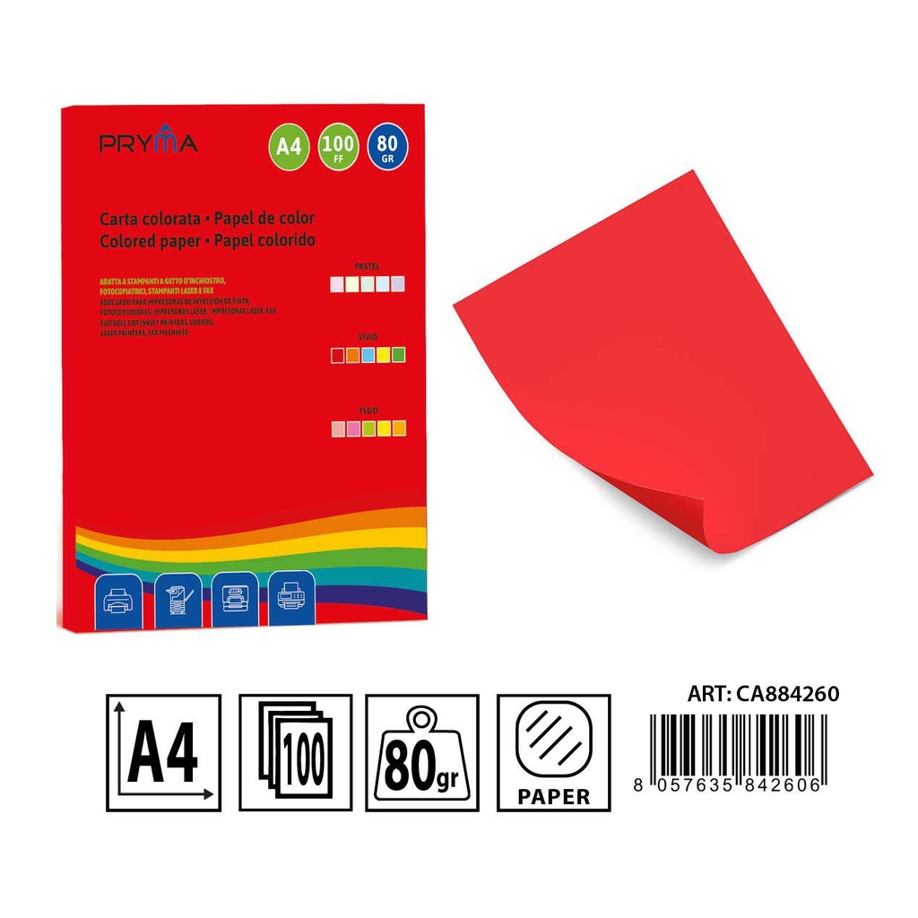 Papel de colores vivos rojo 100 hojas - Materiales de arte y manualidades 