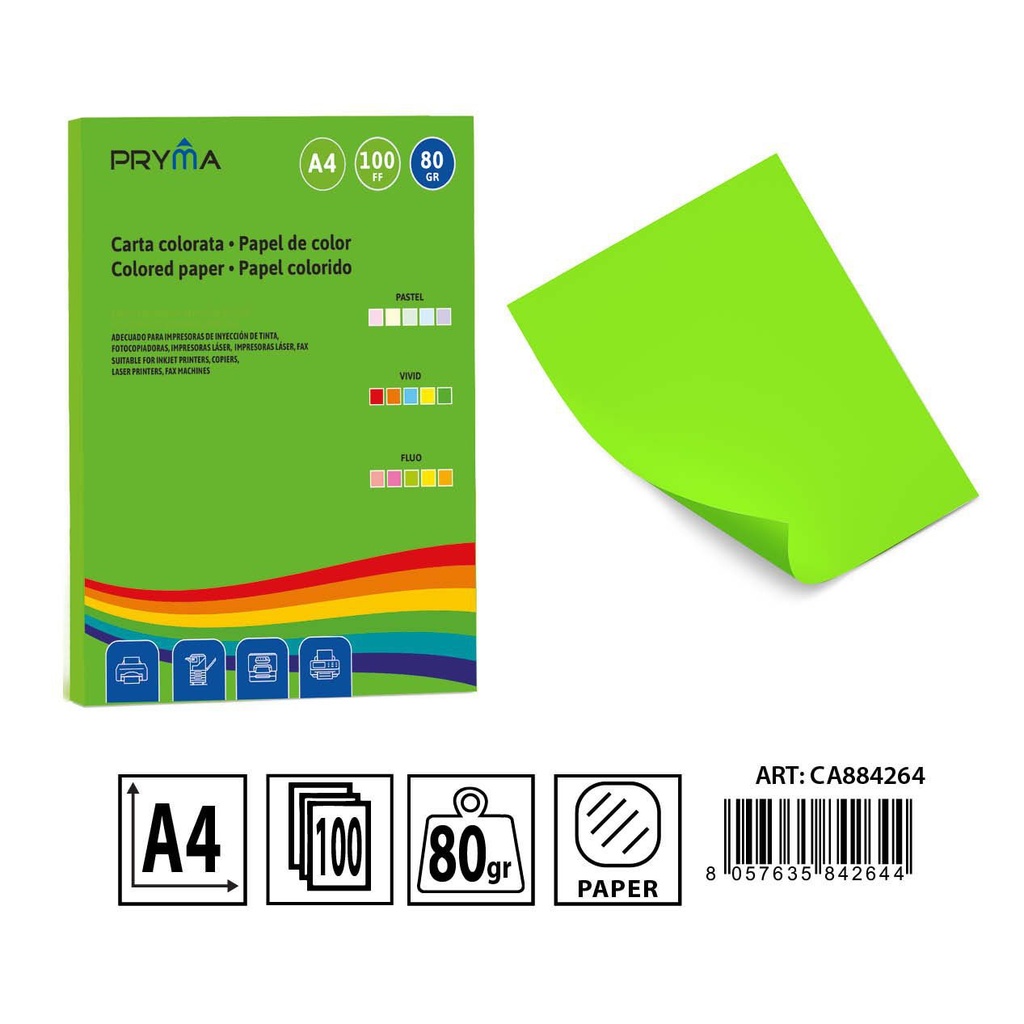 Papel de colores vivos verde 100 hojas - Materiales de arte y manualidades 