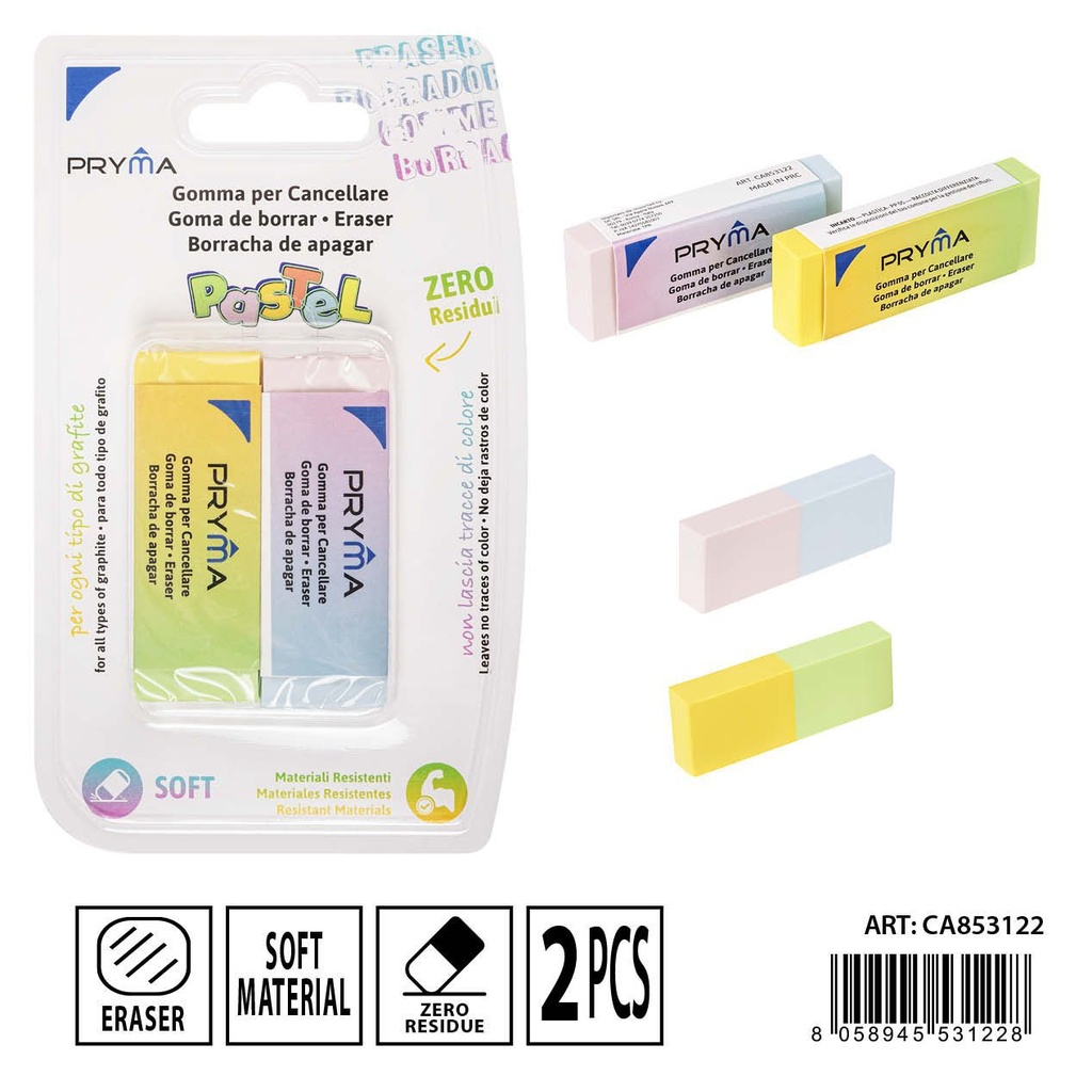 Goma de borrar color pastel 2 piezas - Utensilios de papelería