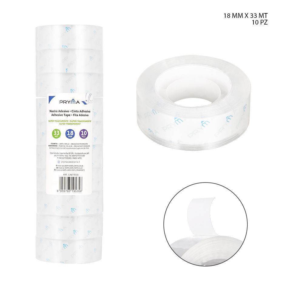 Cinta adhesiva super transparente 18mm x 33m 10 piezas - Suministros de oficina